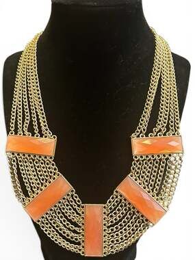 Chico's Multi-Strand Chain Orange Faceted Stone Bib Necklace/Earring Set